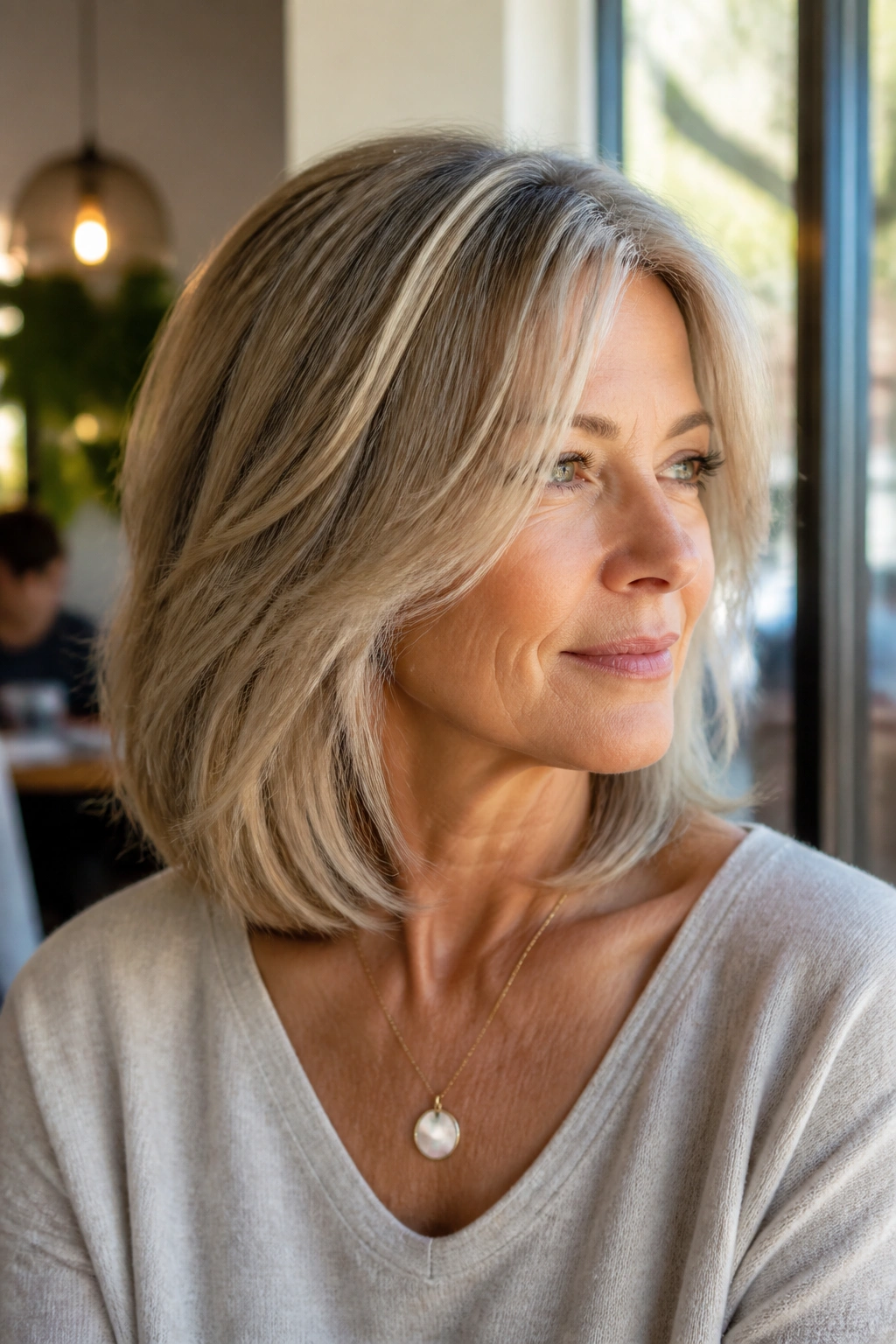 Real woman with soft layered lob at collarbone length