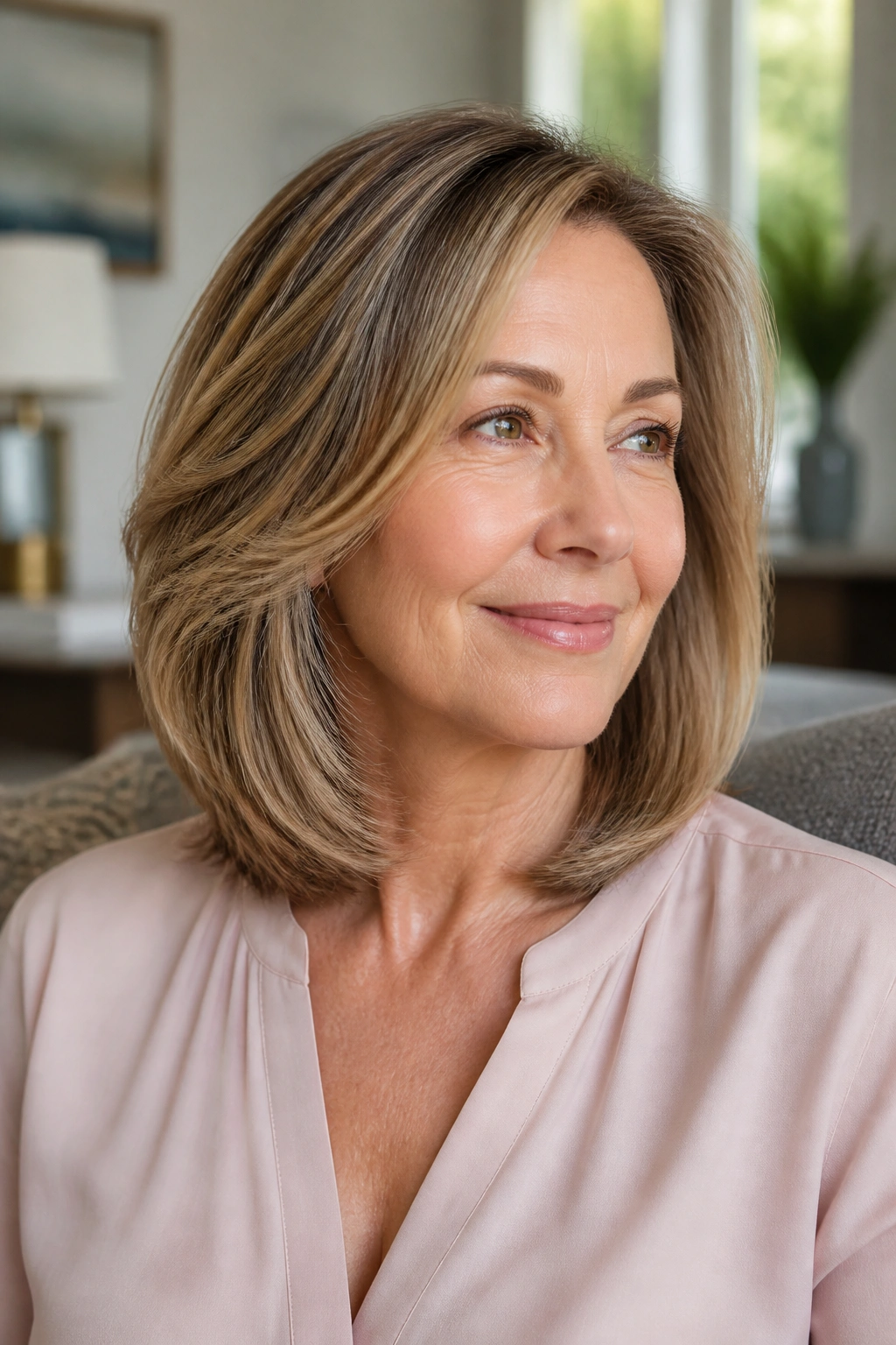 Real woman with a soft layered lob displaying lower-starting layers.