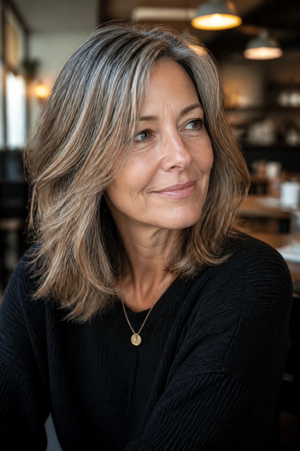 Close-up of real woman with soft layered lob