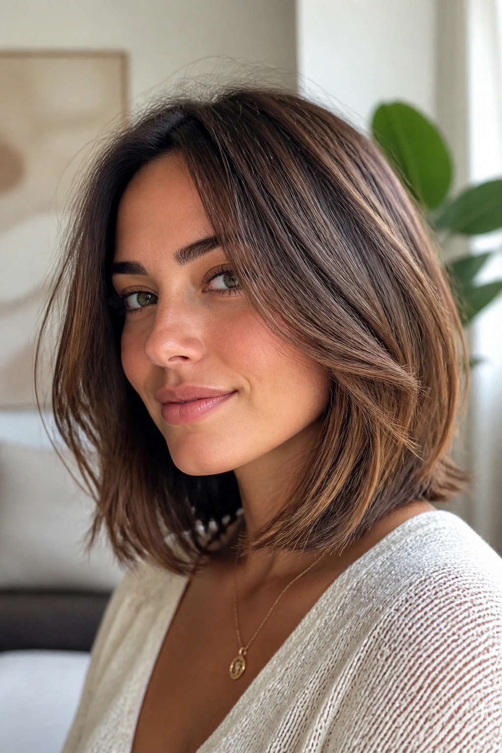 Close-up of a real woman with soft layered lob and cheekbone-length layers