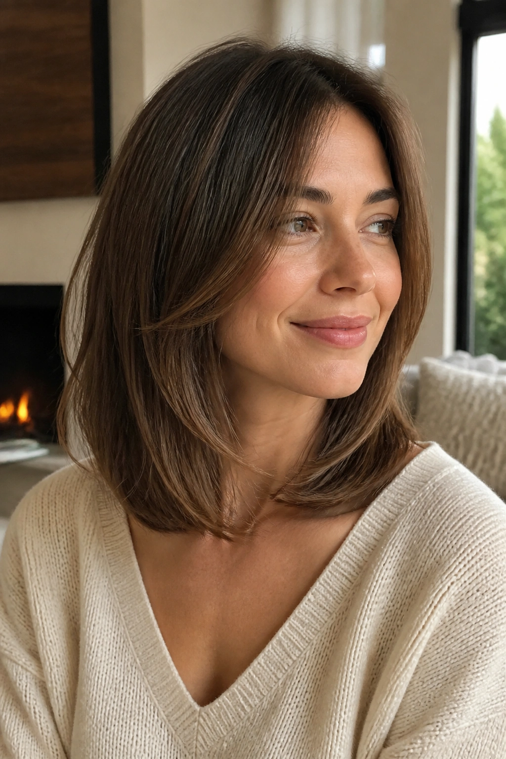 Close-up portrait showing a soft layered lob with hidden layers on a real person.