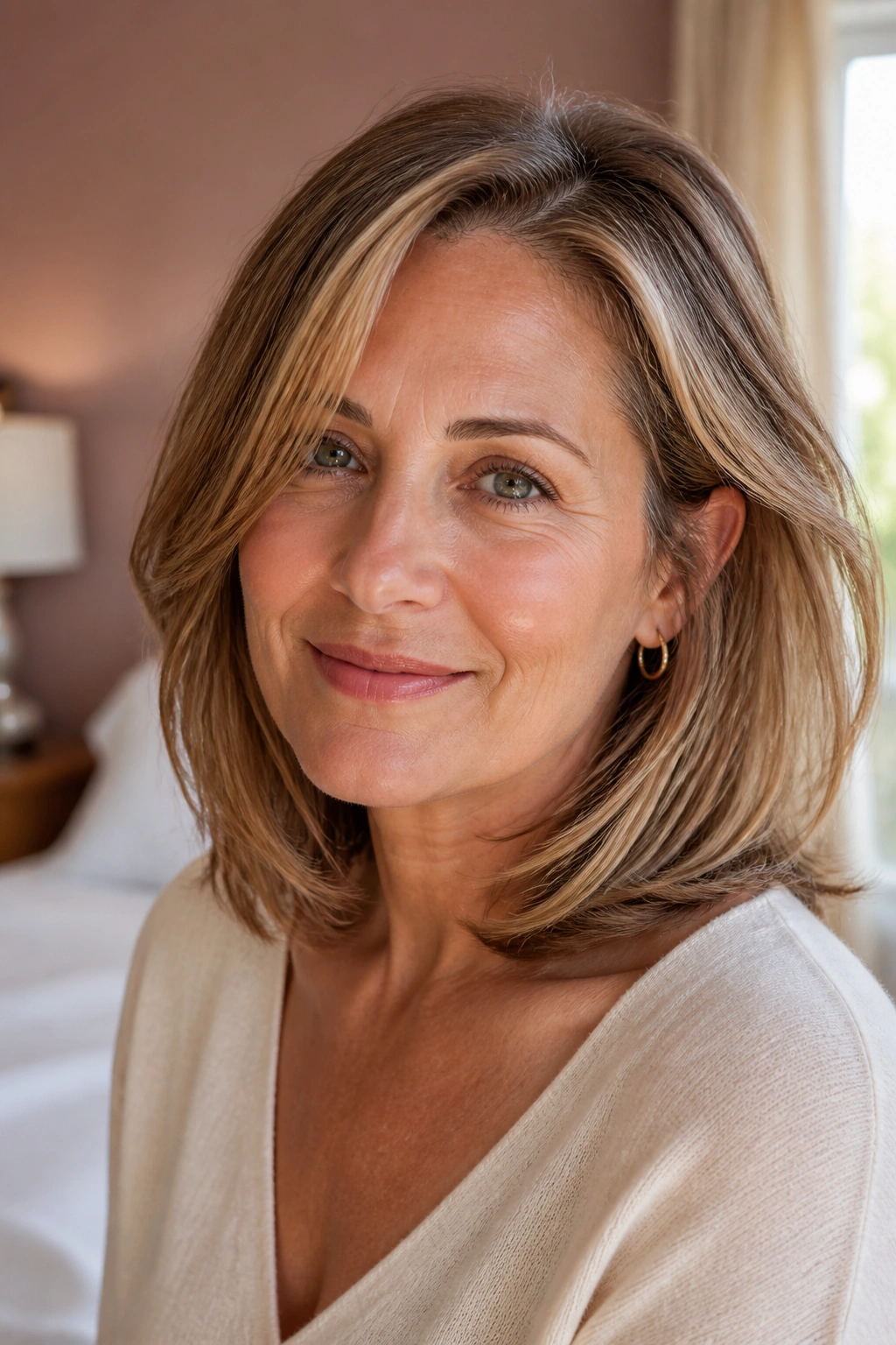 Close-up of a real woman with a collarbone-length soft layered lob hairstyle