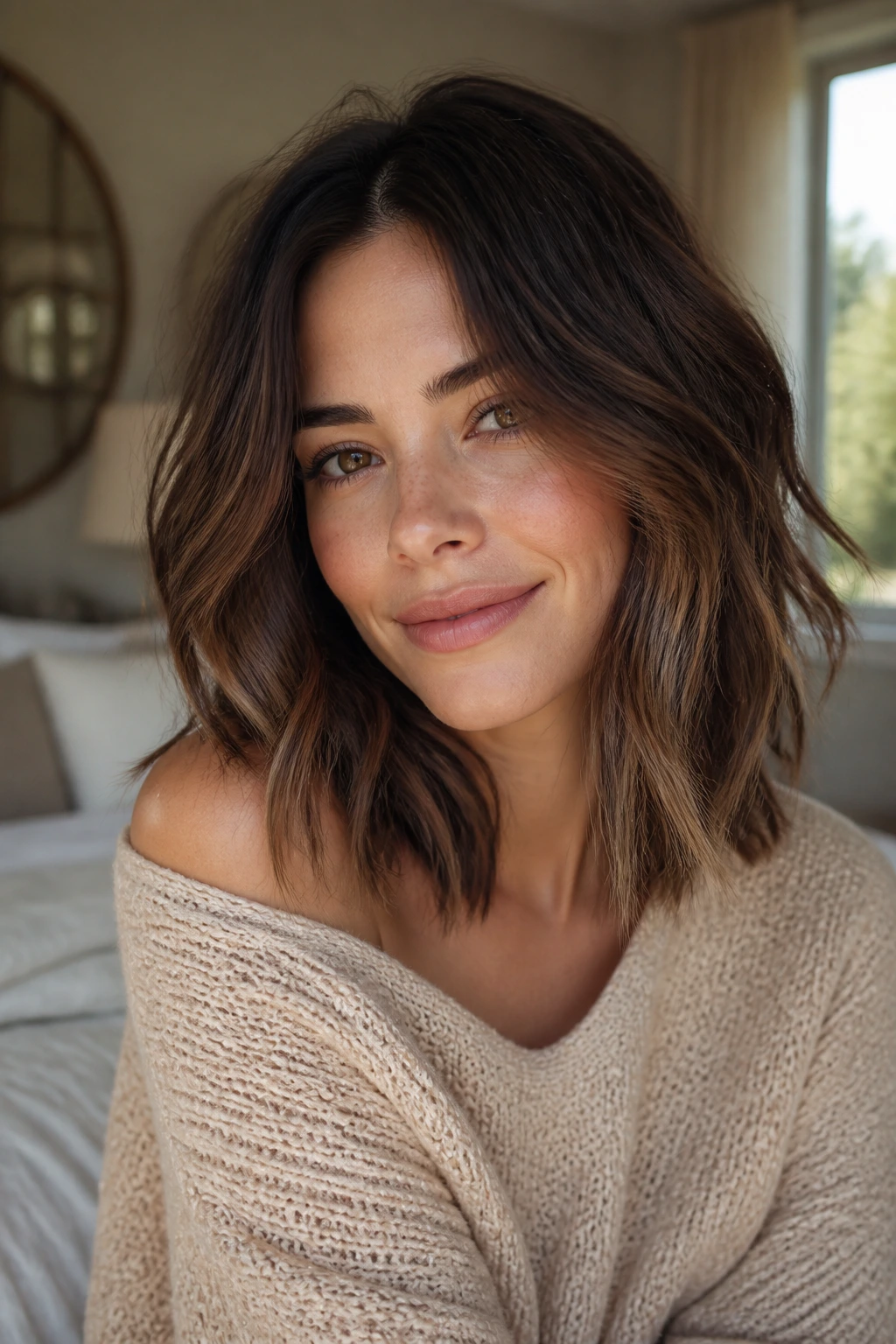 Close-up of a real woman with shoulder-length soft layered lob in natural window light