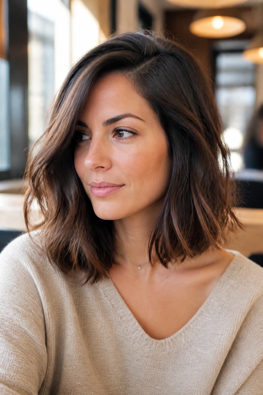 Head-and-shoulders of a real woman with soft layered lob and deep side part