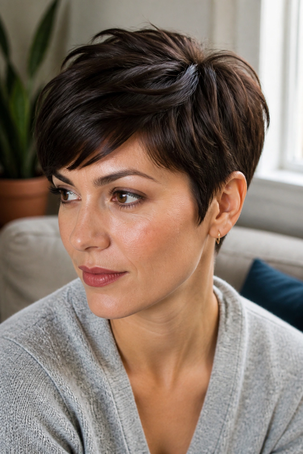 Soft layered brunette pixie with longer crown on a real person