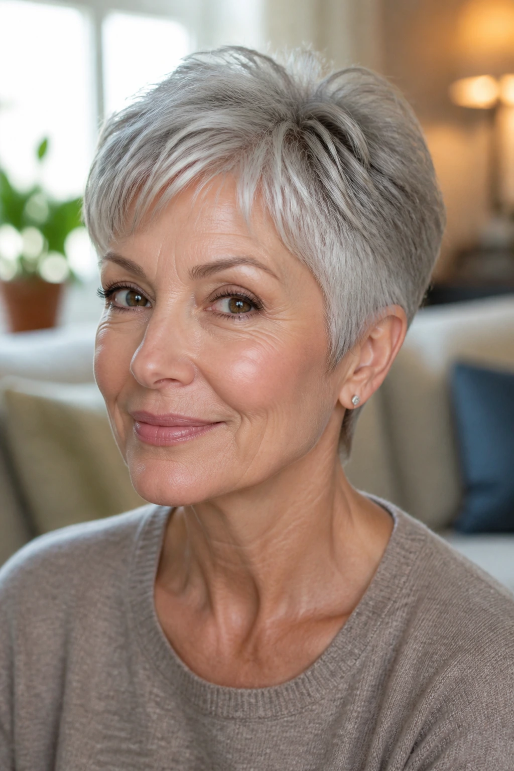 Close-up portrait of a real woman with a soft layered pixie silver hair