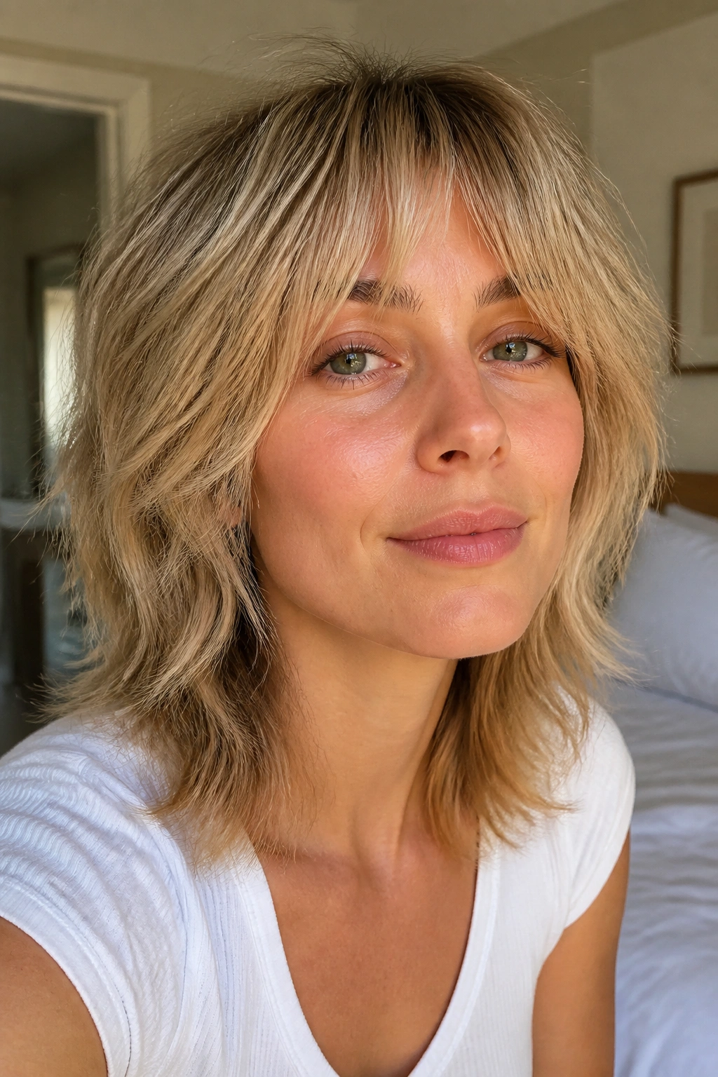 Close-up portrait of a real woman with soft layered shag for fine hair in bright morning light
