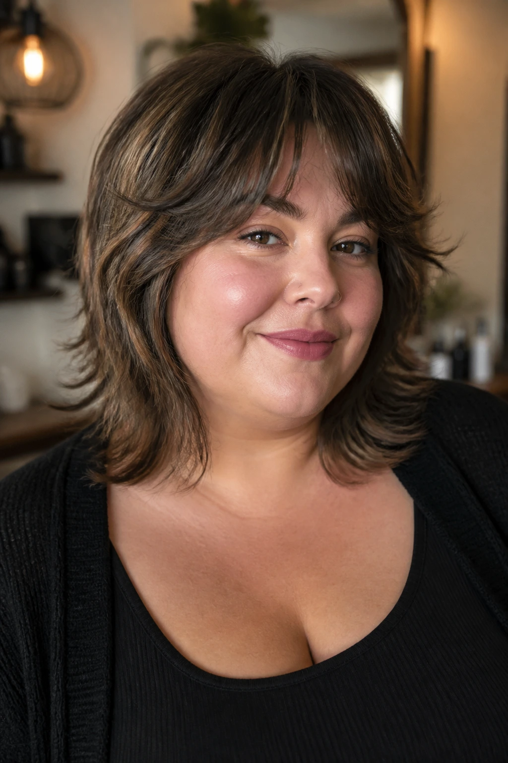 Real woman with soft layered shag and volume in warm indoor light