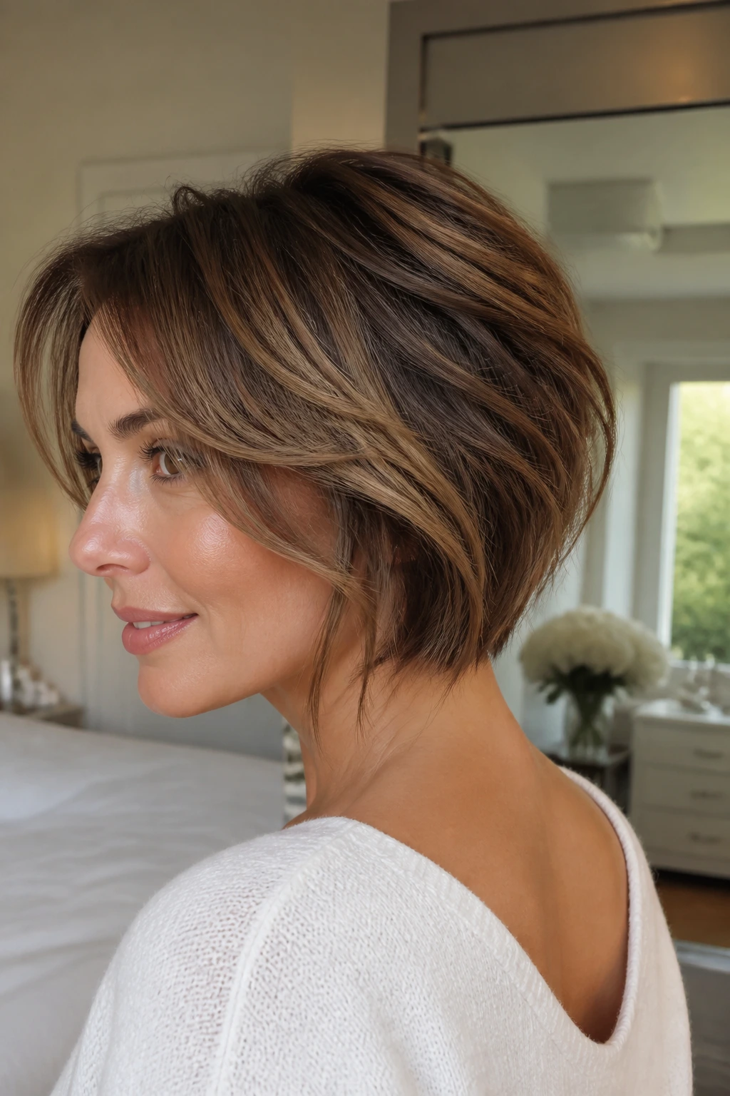 Close-up of a real woman showing soft layered stack with gentle graduation.