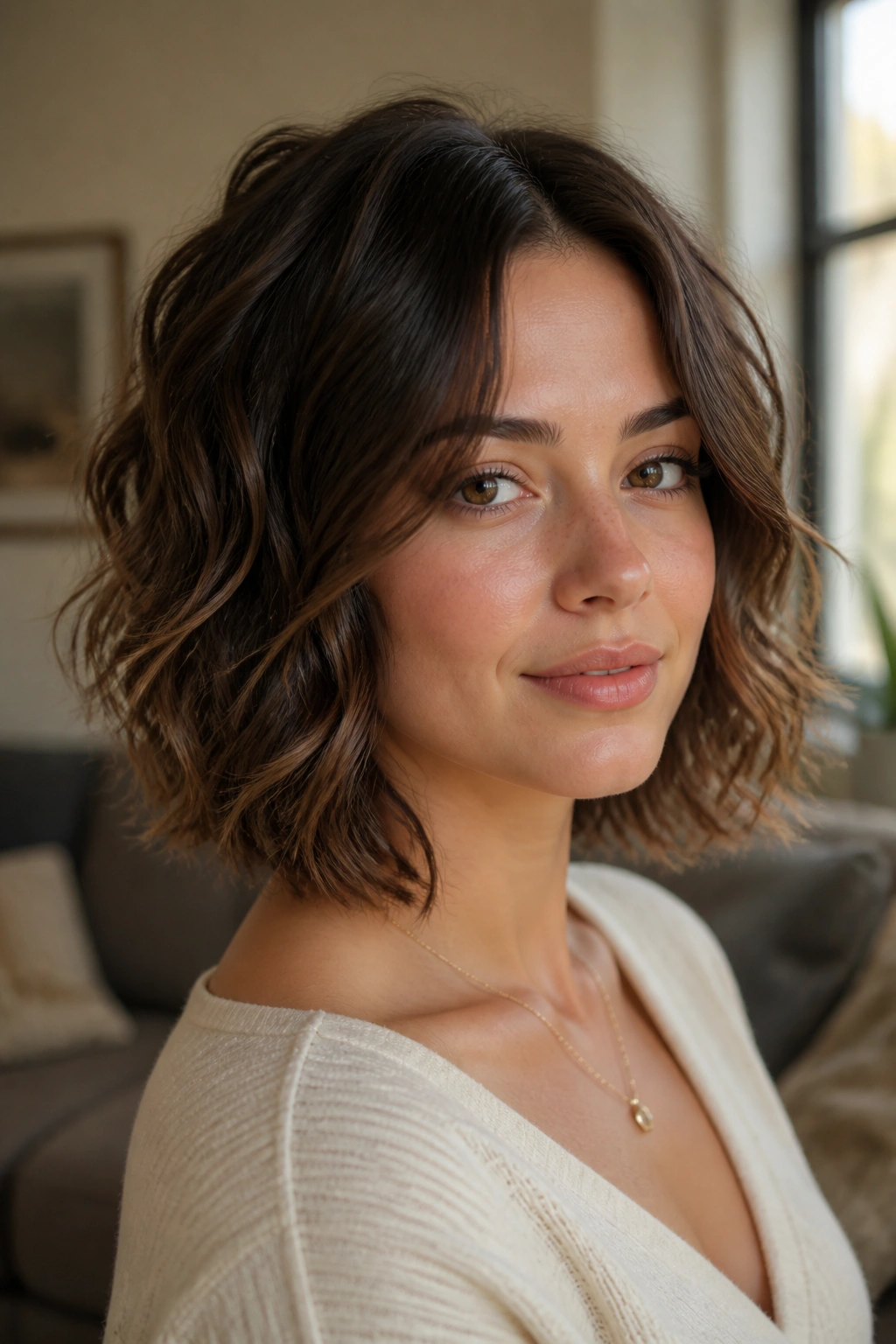 Close-up portrait of a real woman with a soft layered wavy bob in warm natural light