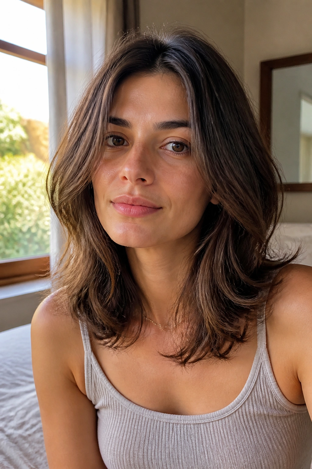 Close-up portrait of a real woman with soft air-dried layered hair