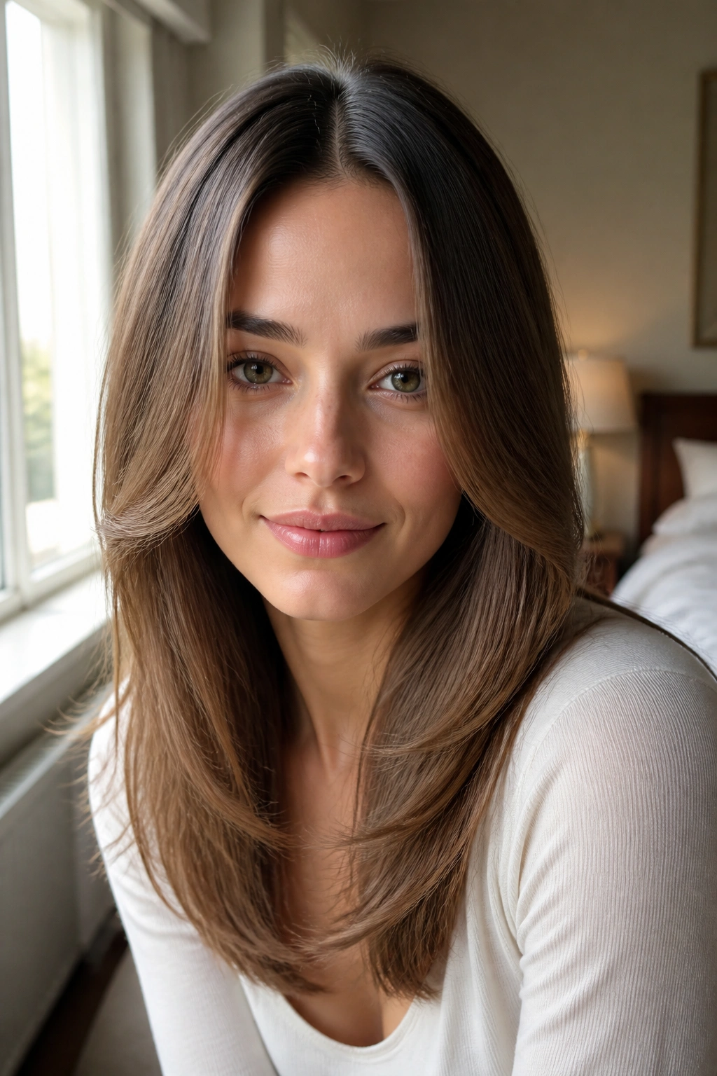 Close-up portrait of a real woman with soft face-framing layers and a center part