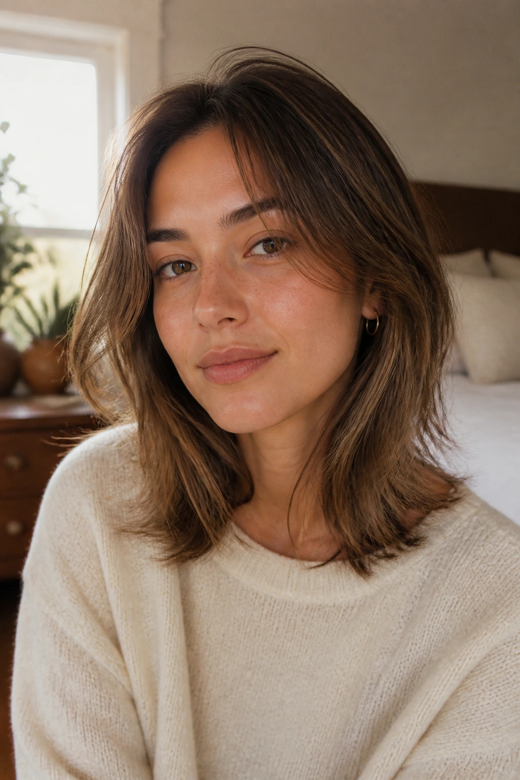 Close-up of a real woman with soft shoulder-length layered hair in warm window light