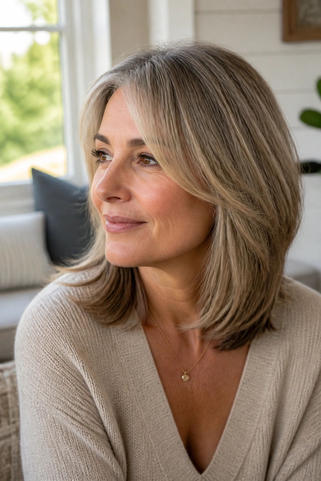 Close-up of a real woman with soft layered shoulder-length hair