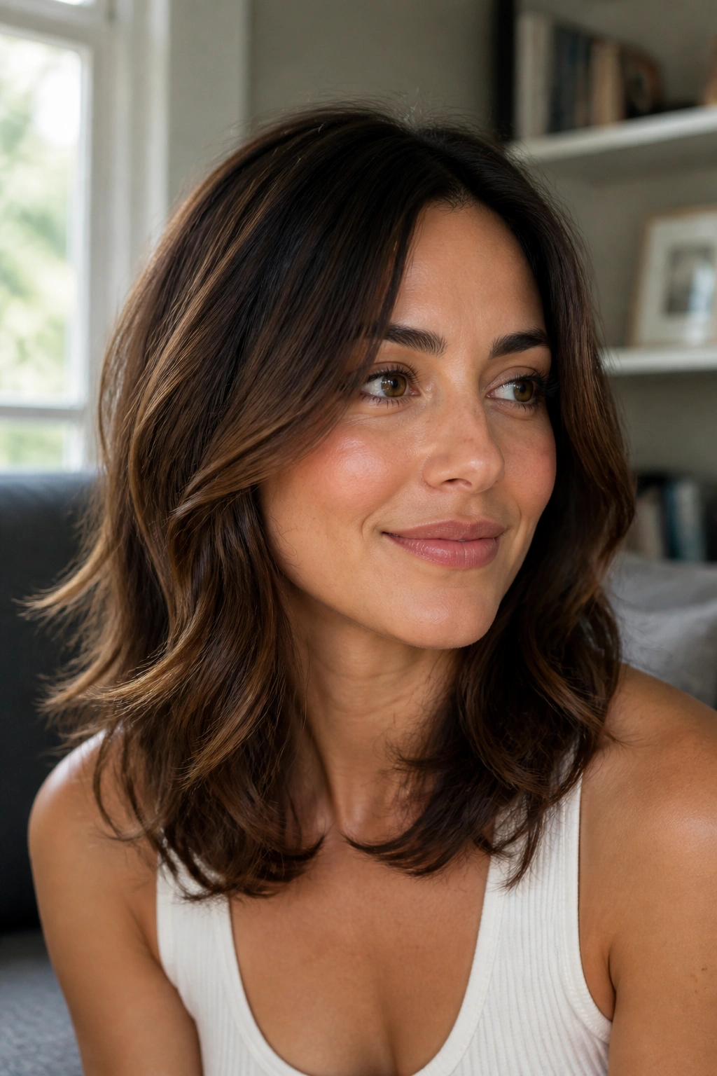 Portrait of woman with soft layered waves bending at the ends
