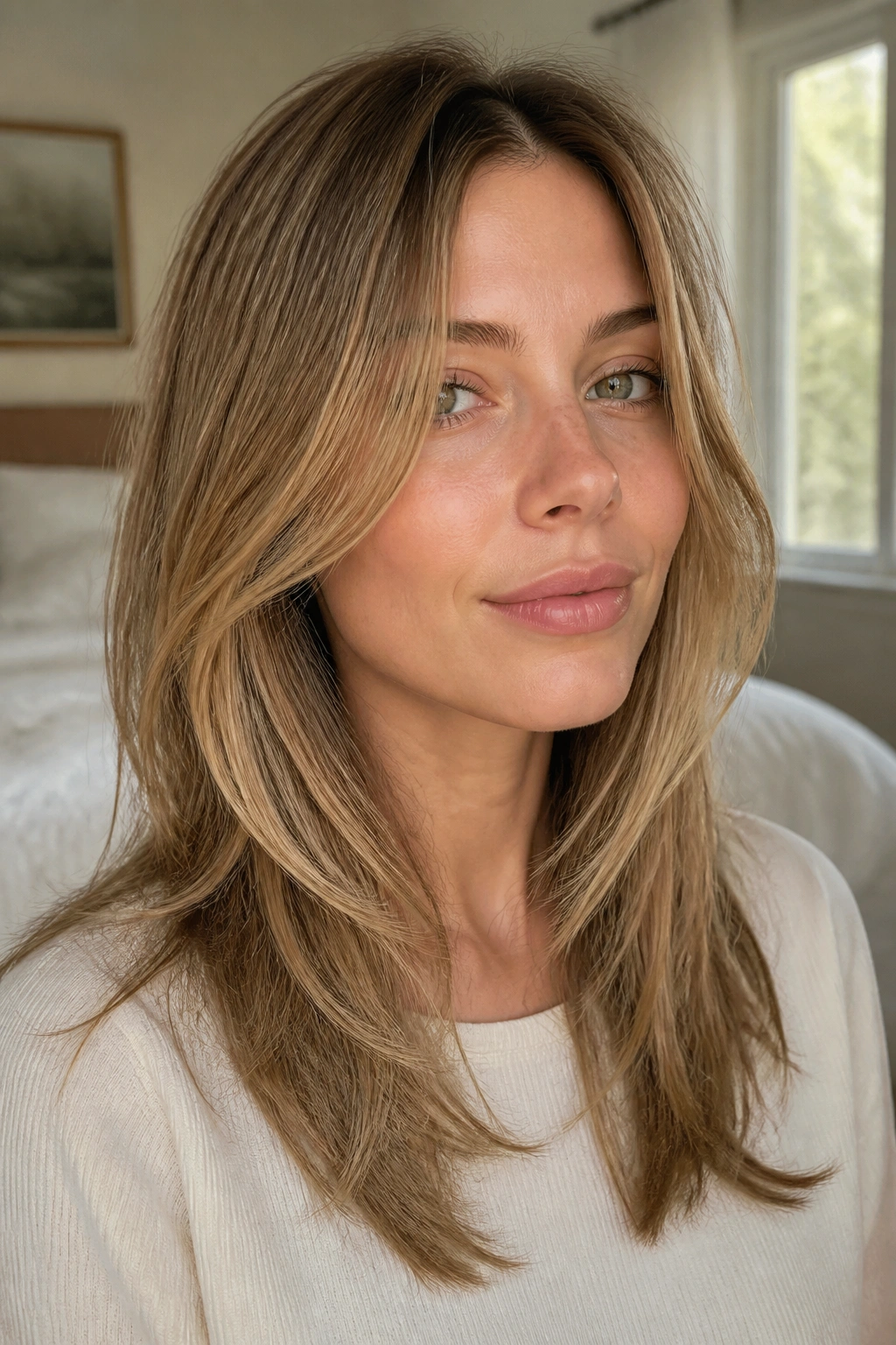 Close-up portrait of a real woman with soft lift layers for fine hair, subtle volume at crown and collarbone-length layers in warm window light.
