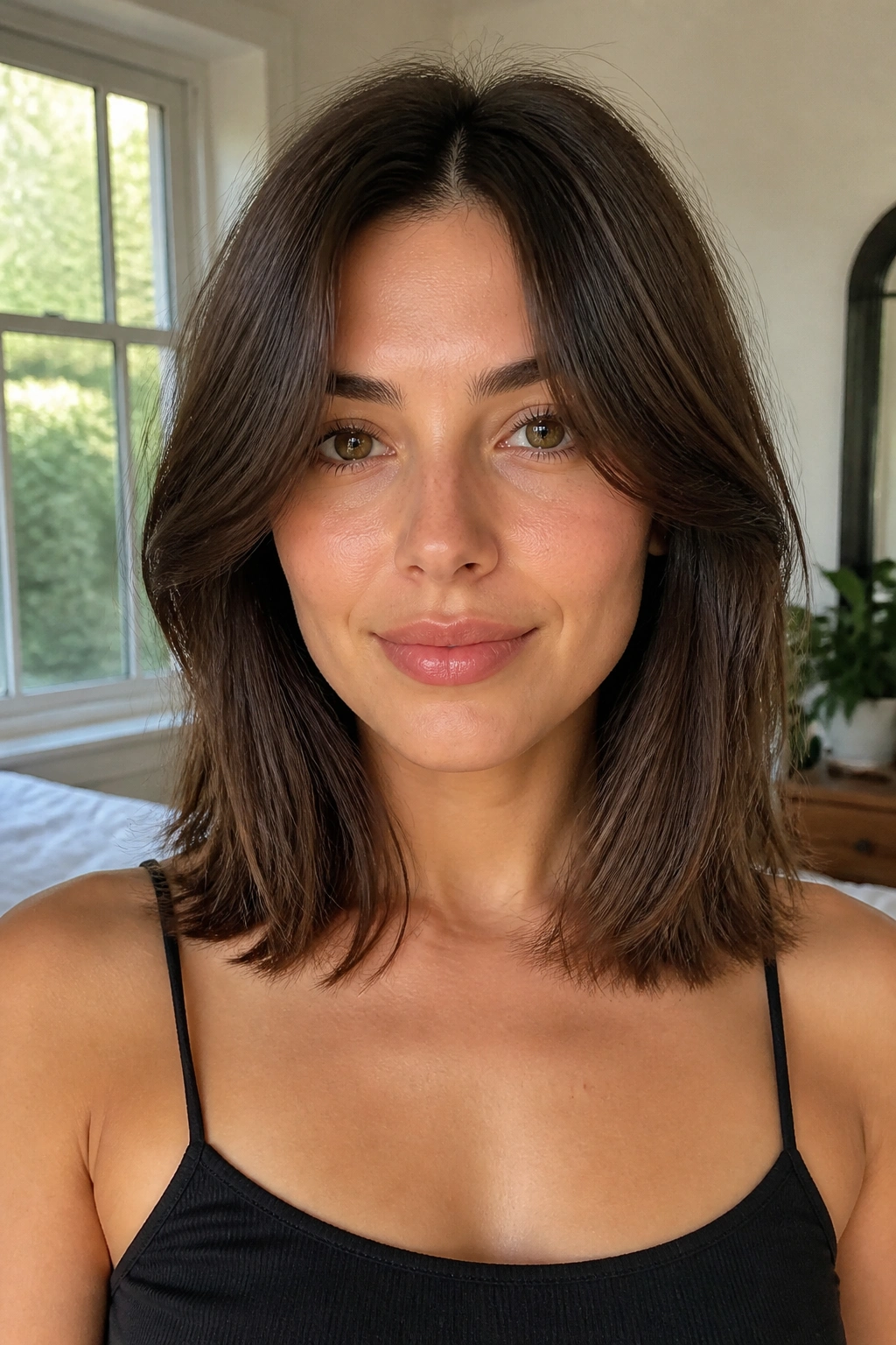 Close-up portrait of a real woman with a soft long bob, center-part, and curtain bangs.