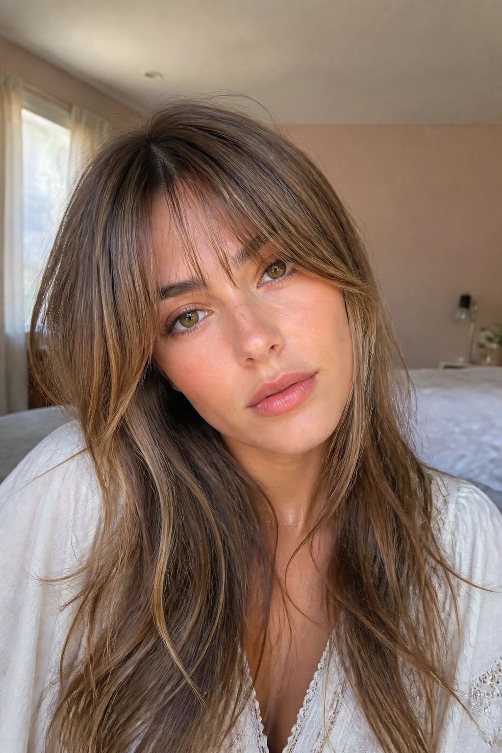 Close-up portrait of a real person with a soft long fringe framing the eyes