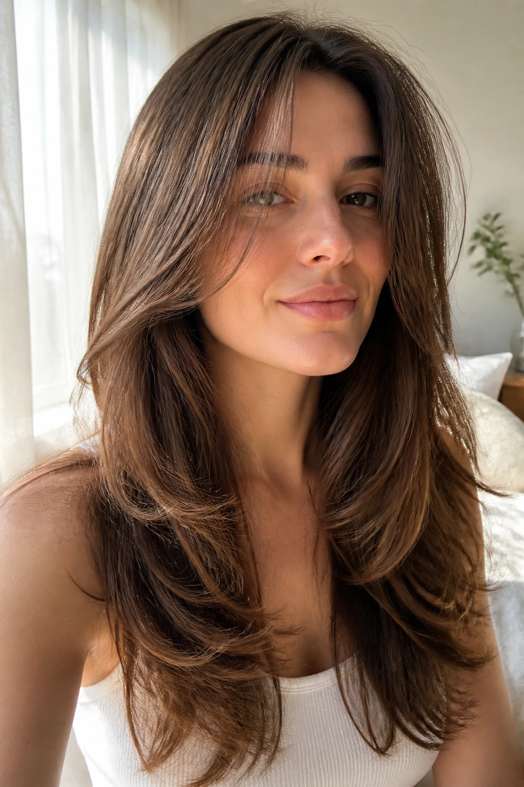 Close-up of a real woman with soft long layers, air-dried hairstyle and natural movement