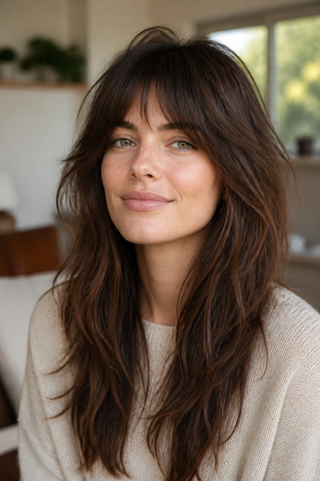 Close-up portrait of a real person with a soft long shag and flexible bangs.