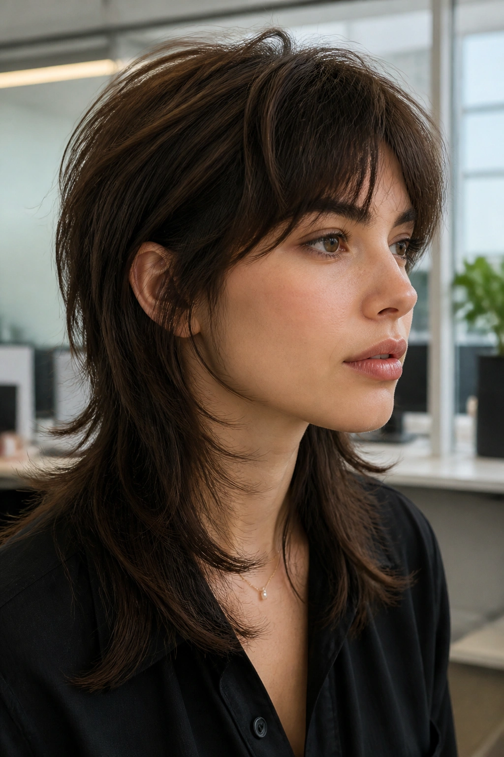 Close-up of a real person with a softer long wolf mullet and tapered edges.