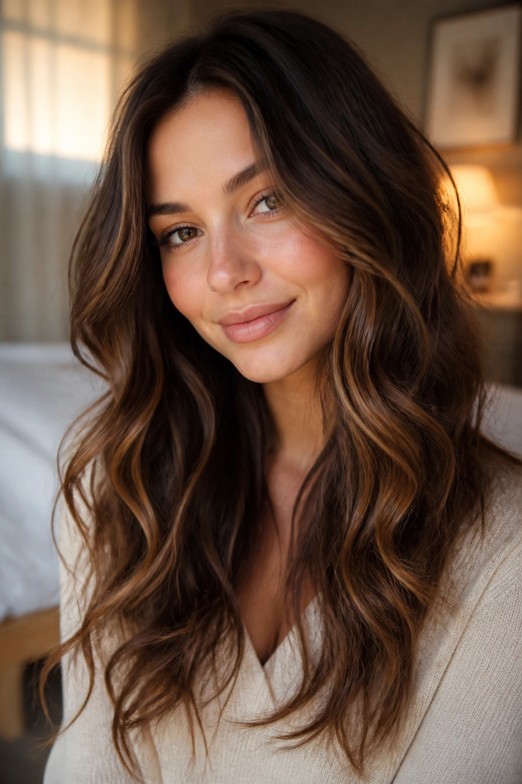 Close-up of a real woman with soft loose waves in warm bedroom light