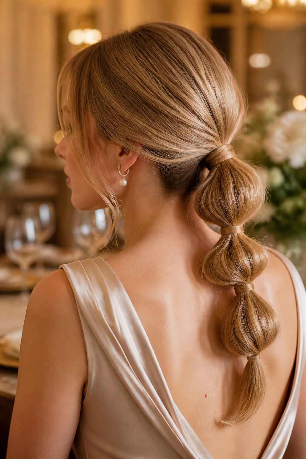 Close-up of a real woman with a soft low bubble ponytail at the nape in an elegant setting