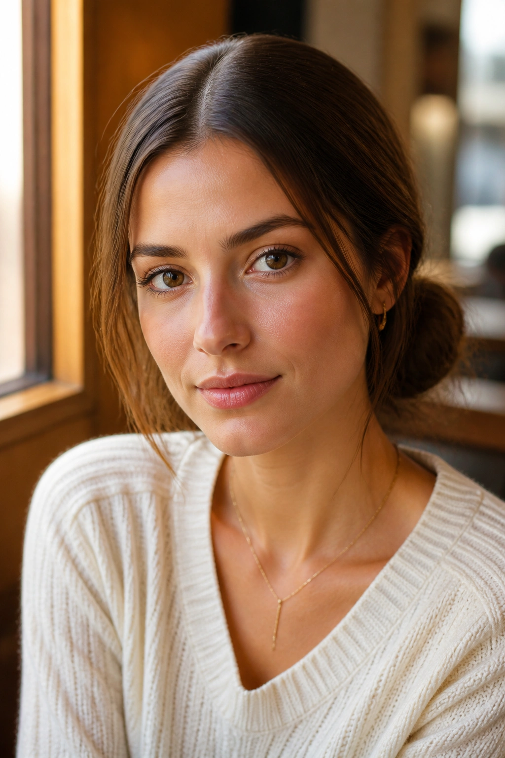 Close-up of a real woman with a soft low bun and center part in warm cafe daylight