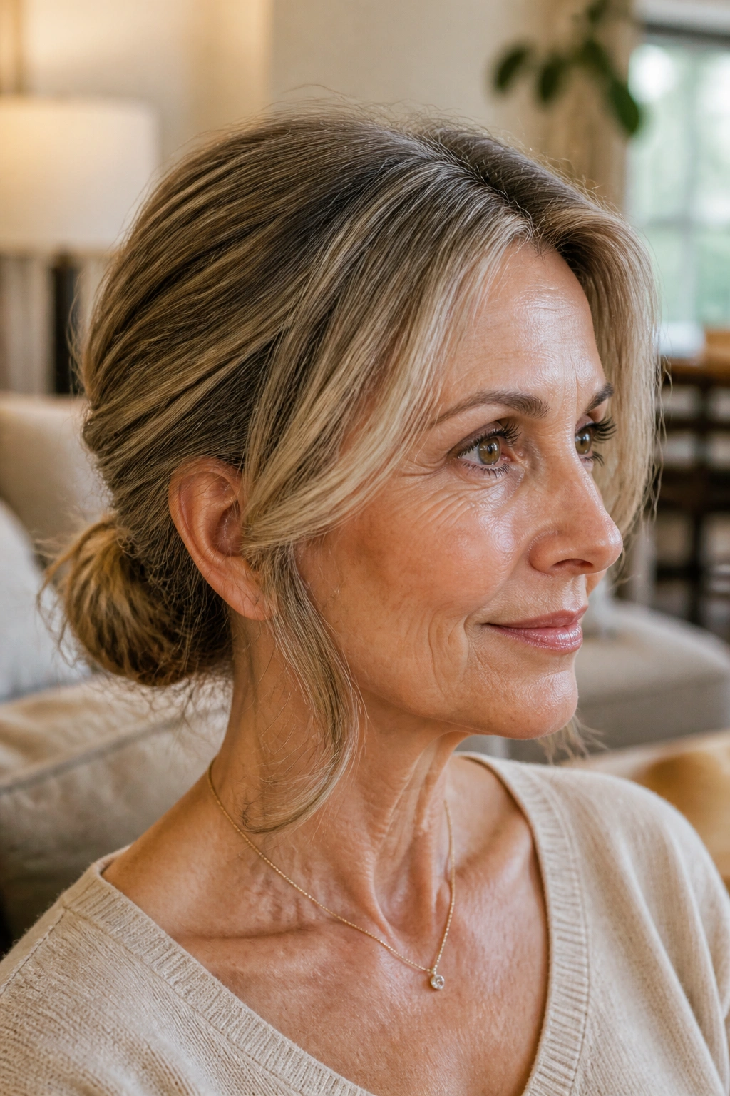 Close-up of a woman with a soft low bun and loose face-framing pieces.