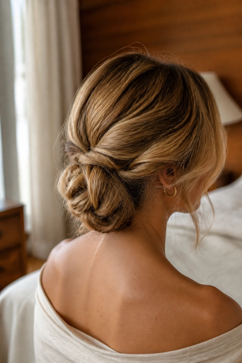 Close-up portrait of a real woman with a soft low chignon at the nape and pinned texture.