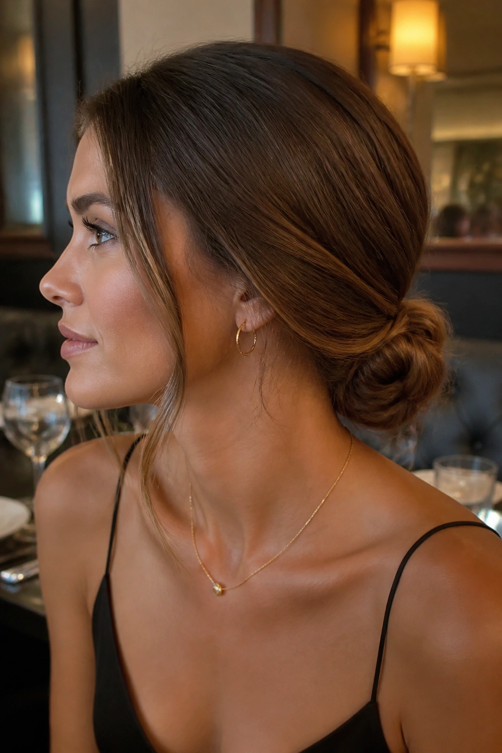 Close-up of real woman showing a soft low knot at the nape with a face-framing strand