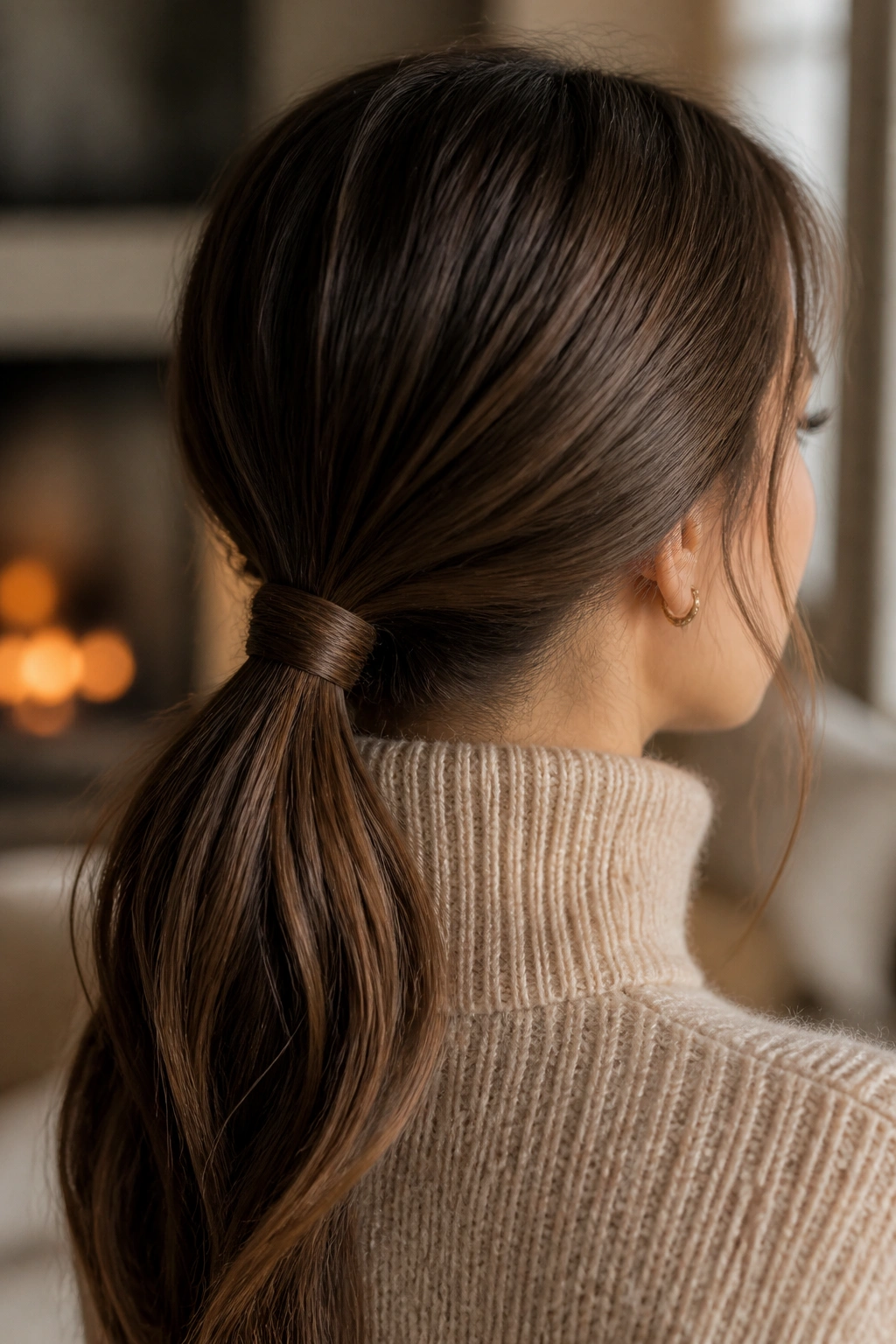Close-up of brunette with soft low ponytail wrapped base in warm indoor light