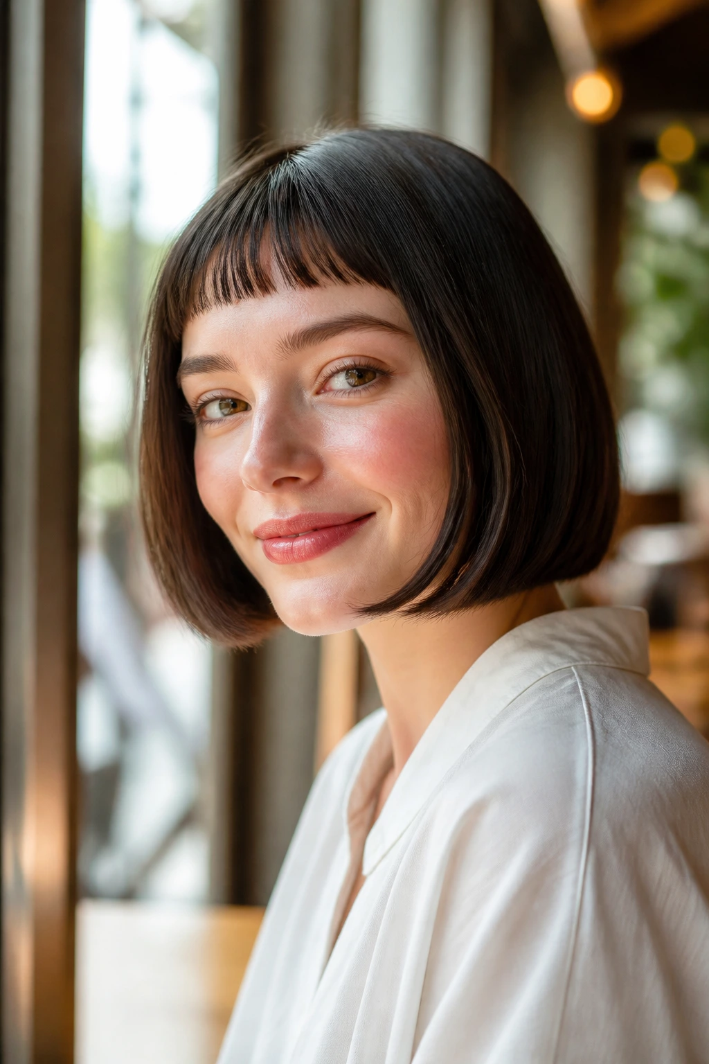 Close-up of real woman with soft micro bangs and rounded bob