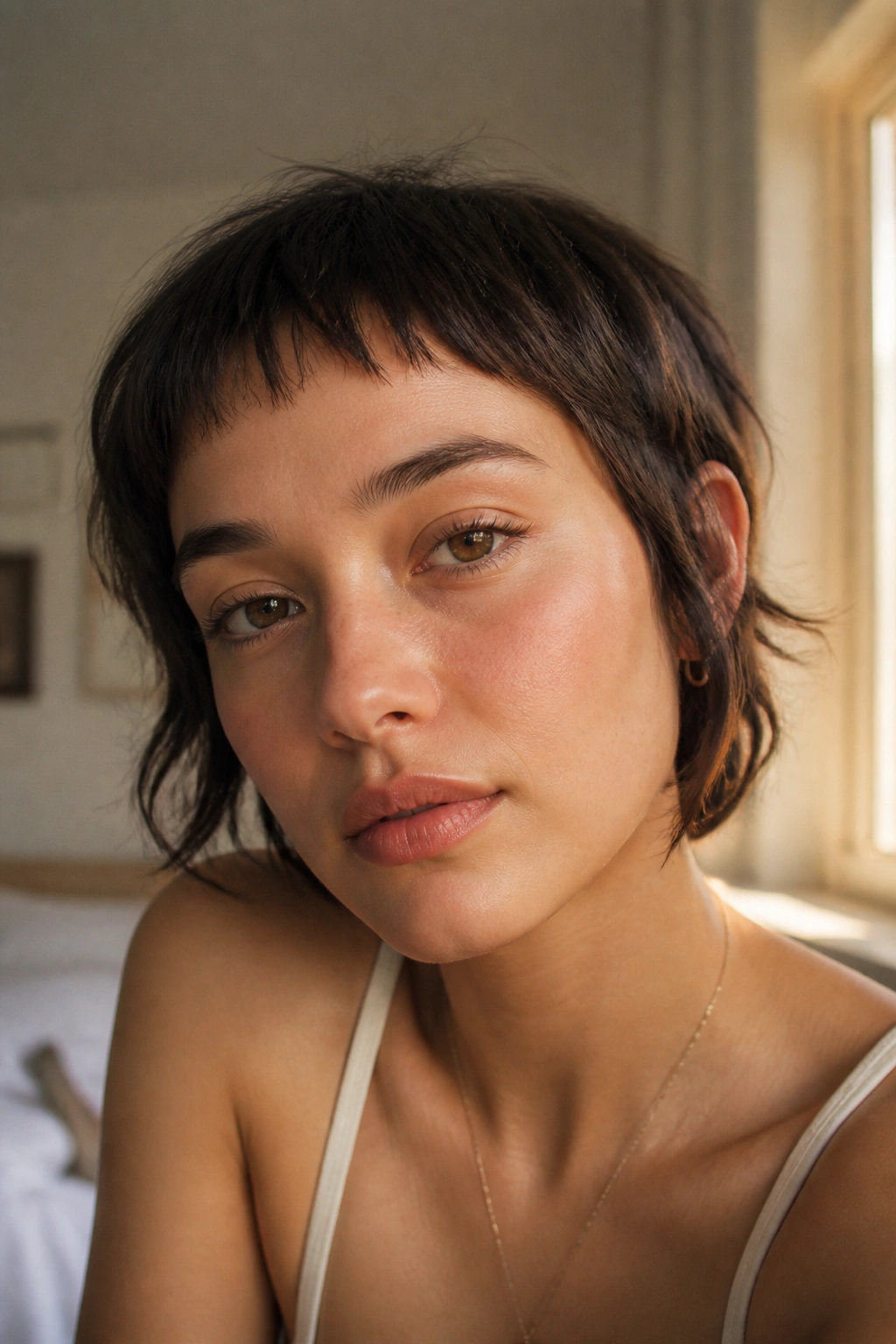 Close-up portrait of a real woman with soft micro bangs in warm bedroom window light