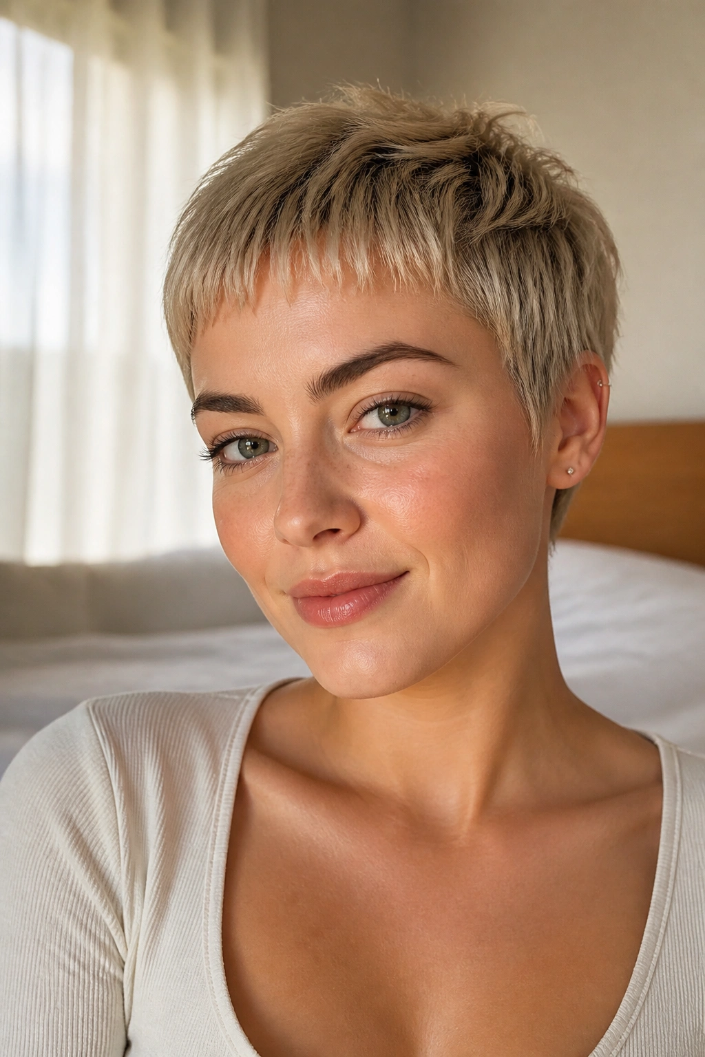 Portrait of real woman with soft micro fringe pixie and airy fringe