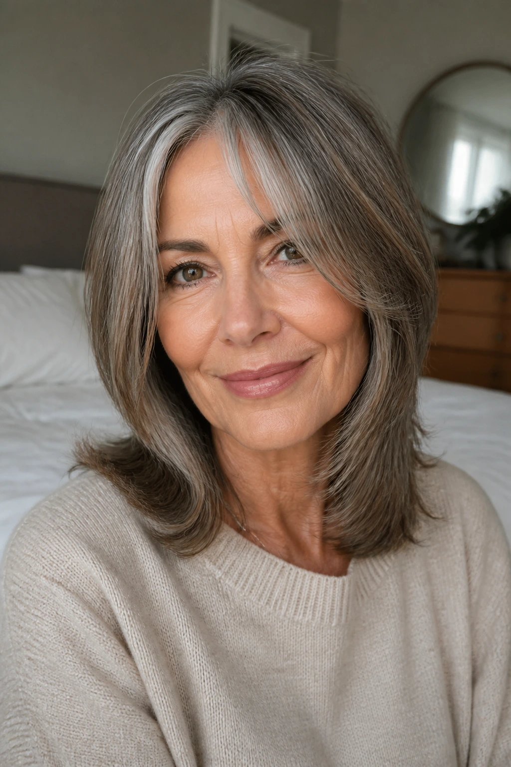 Close-up of a real woman with a soft midi cut and face-framing pieces.