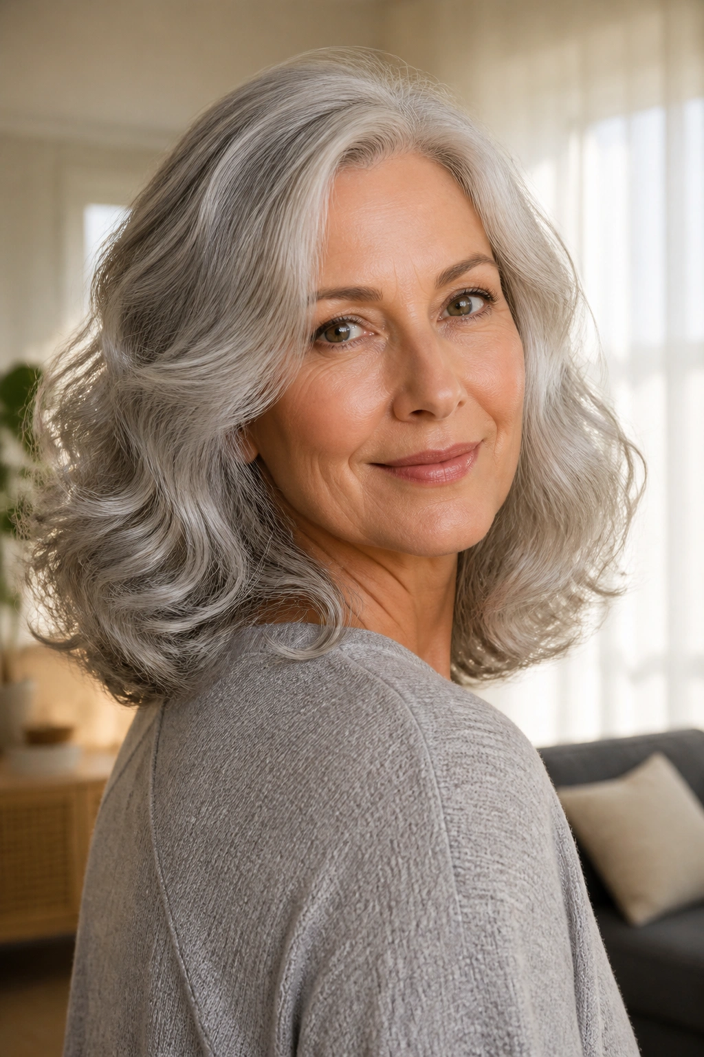 Real woman with soft mid-length grey curls and rounded ends.