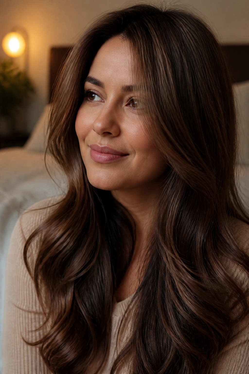 Brunette with soft mocha gloss and hidden dimension close-up portrait