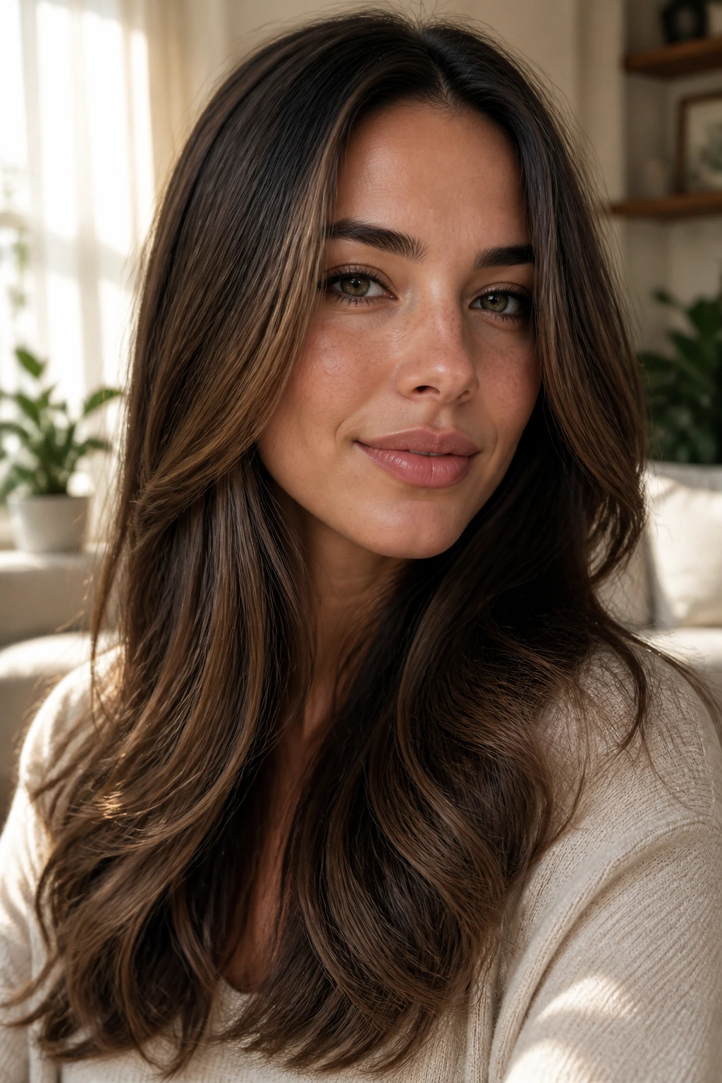 Portrait of real woman with soft mocha highlights on dark brown hair