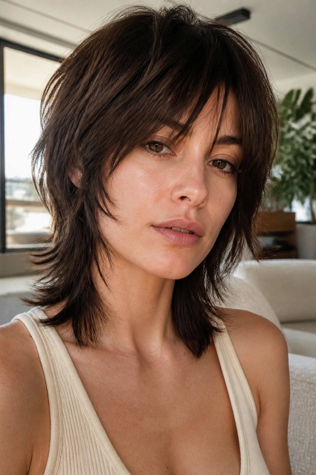 Close-up portrait of a real woman with a soft modern shag hairstyle.