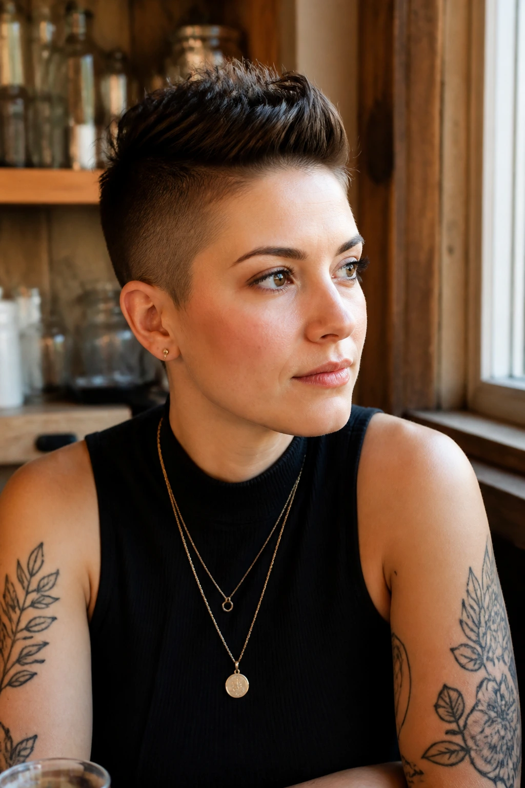 Close-up of a real person with a soft Mohawk crop hairstyle