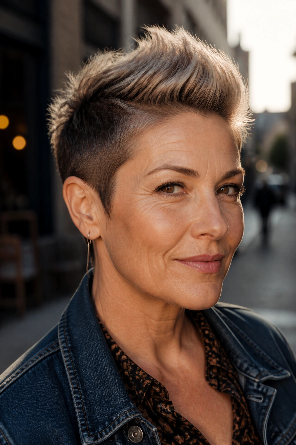 Close-up of a real woman with a soft Mohawk pixie and elevated center ridge in urban lighting