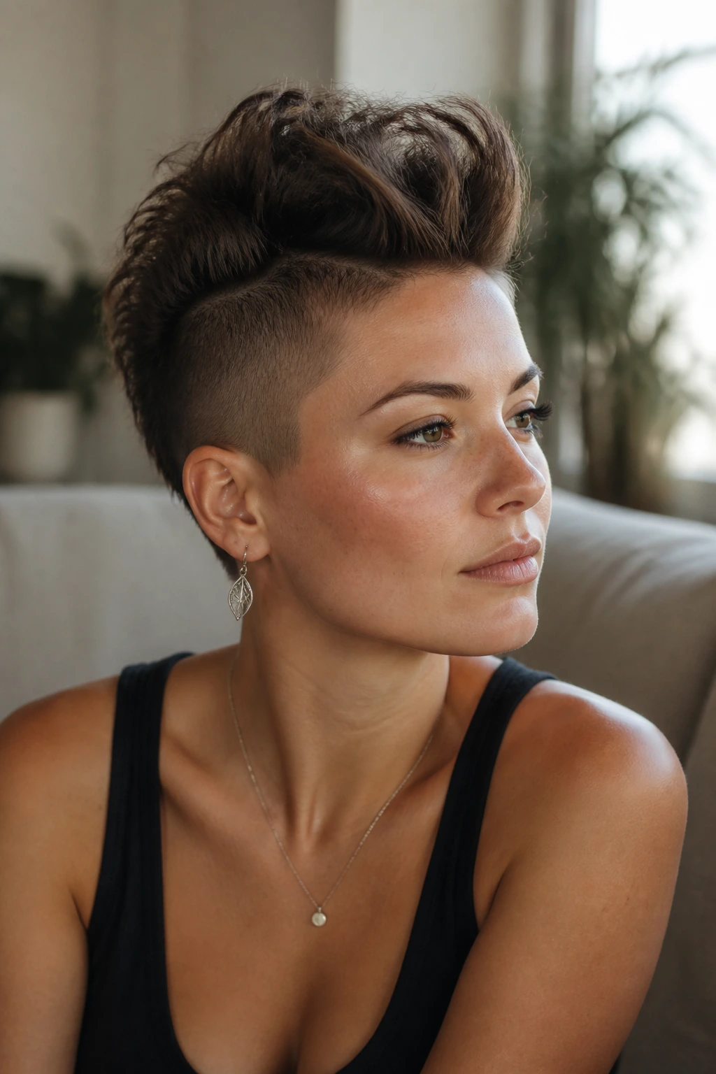 Close-up portrait of a real woman with a soft mohawk central ridge and textured top in a sunlit room