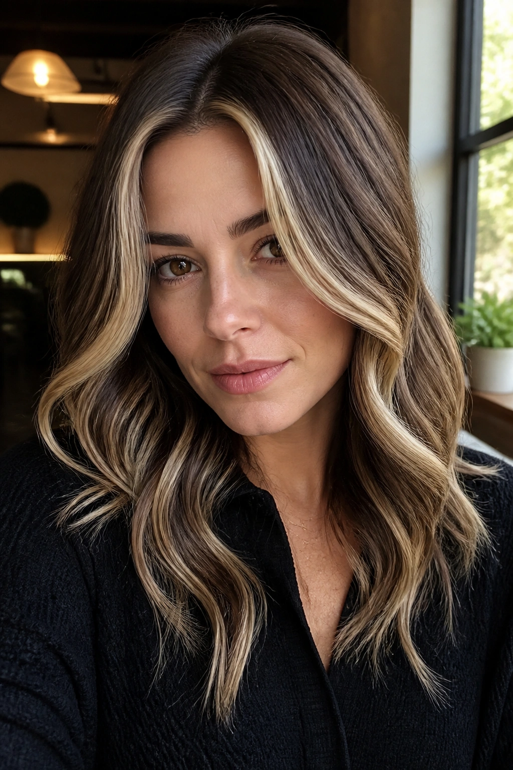 Close-up portrait of soft money piece balayage highlighting front strands