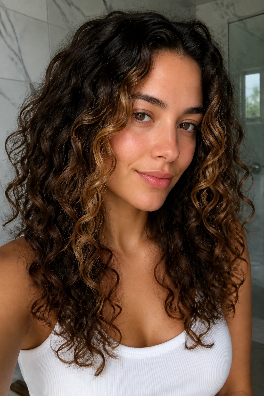 Close-up of curly brunette with woven money piece through face-framing curls in natural light
