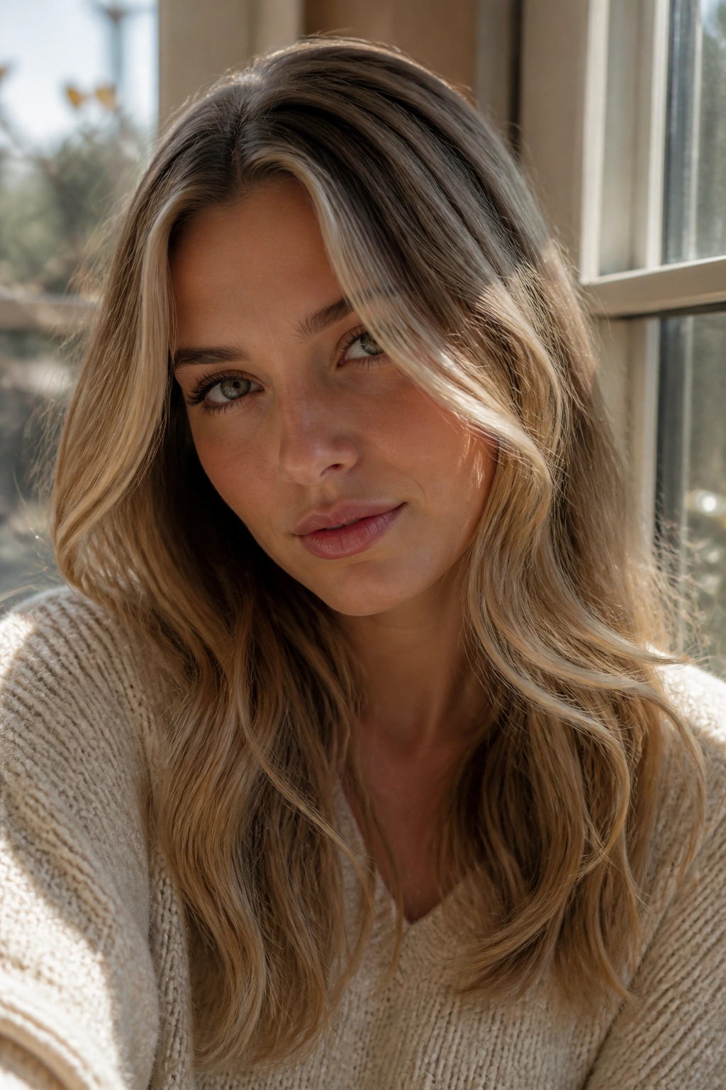 Close-up of a real woman with soft money-piece highlights in dirty blonde hair.