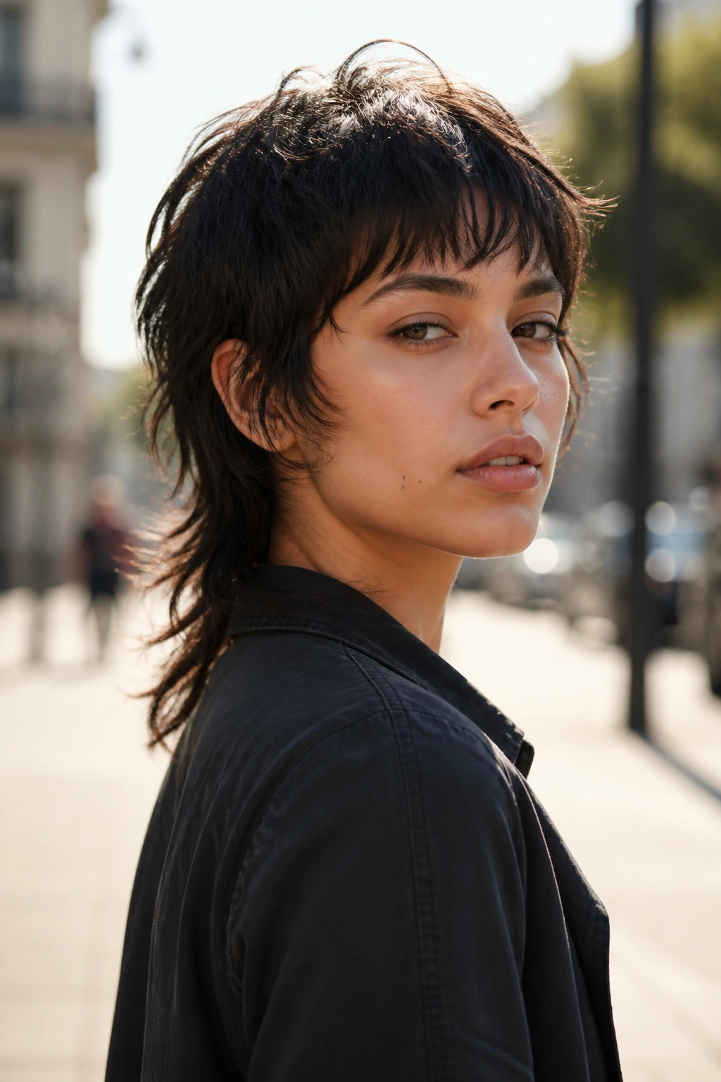 Close-up of a real person with Soft Mullet Bixie Wolf Cut showing back-length tail.