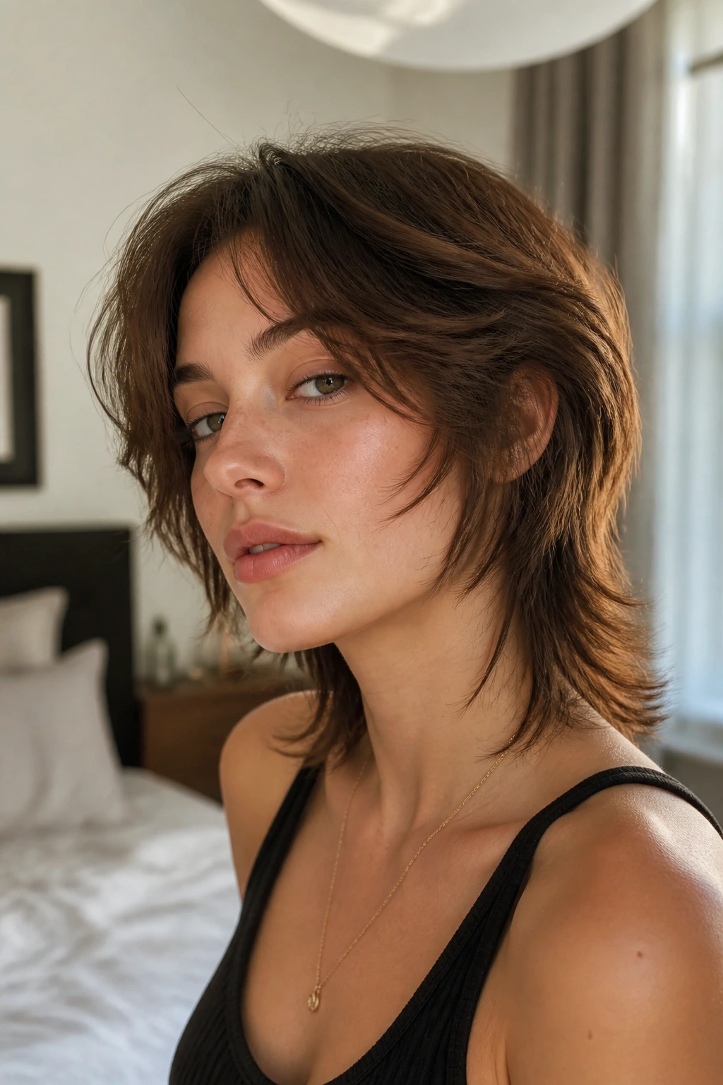 Close-up portrait of a real woman with soft mullet bob and feathered face framing