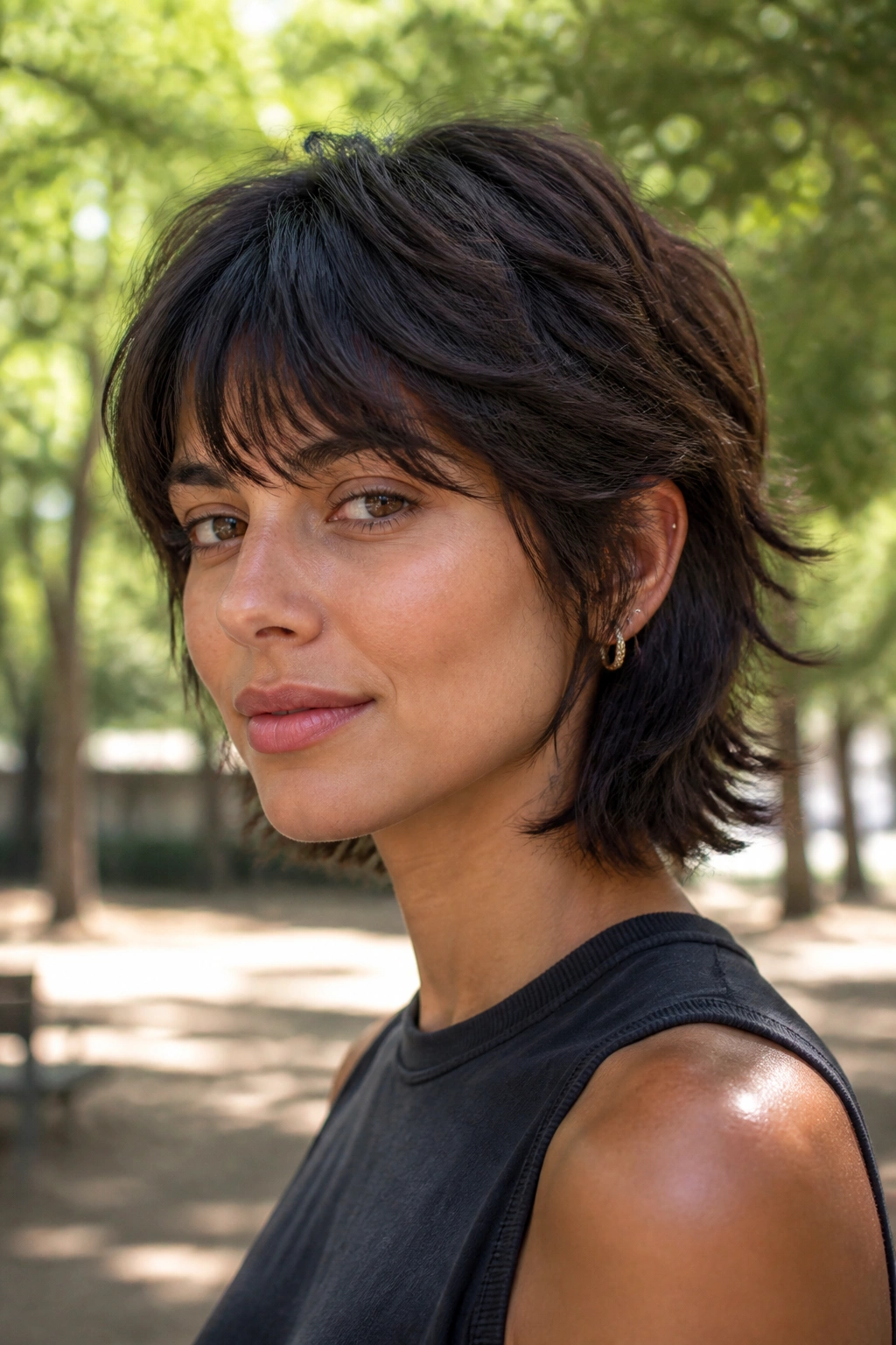 Portrait of a real woman with soft mullet bob and feathered layers