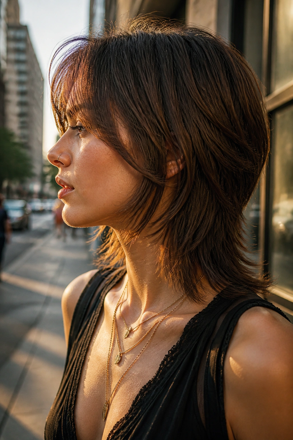 Side profile of real woman with soft mullet butterfly blend and tapered nape